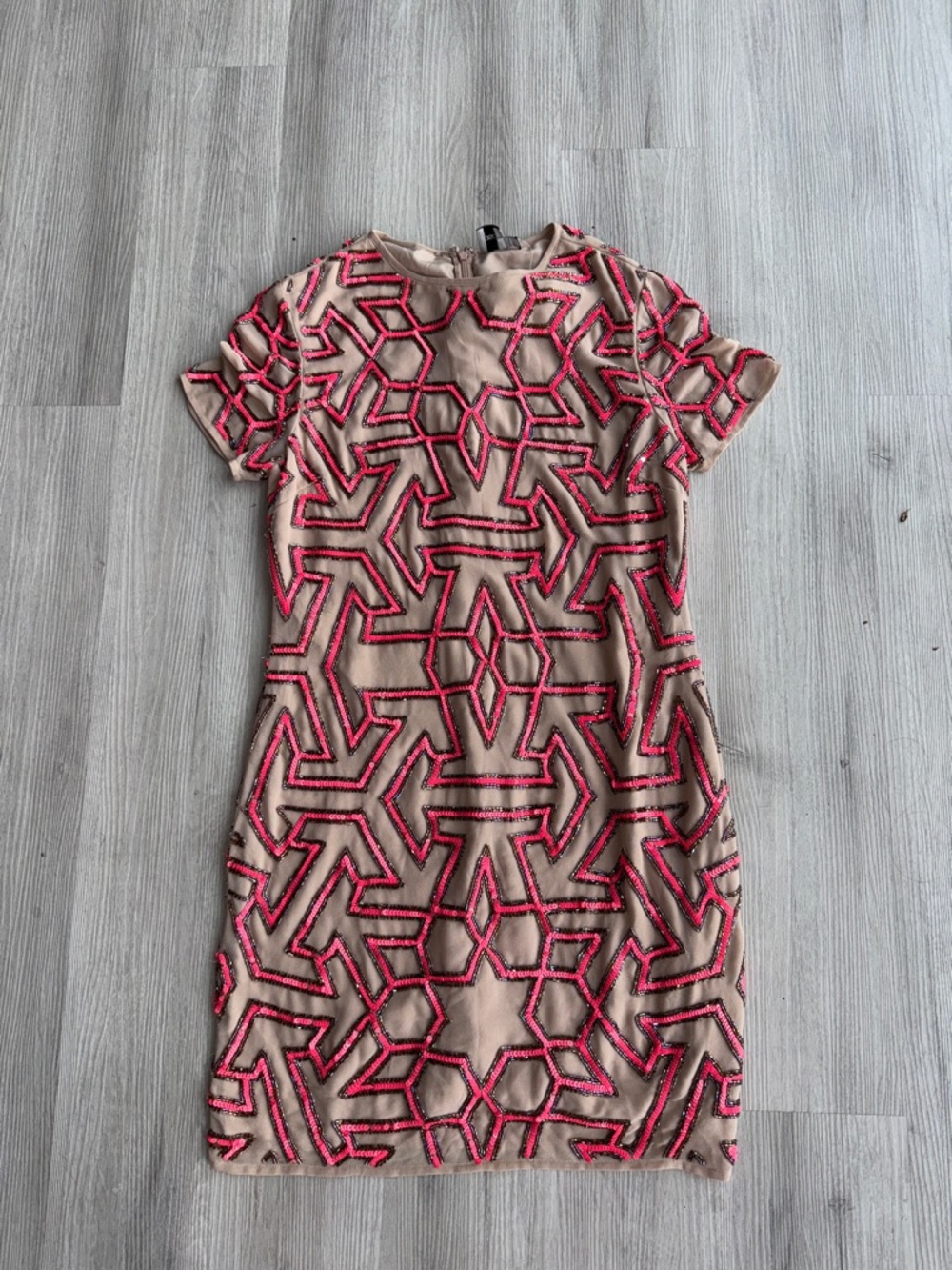 Beaded Geometric Short Sleeve Dress - Pink on Tan ASOS 6